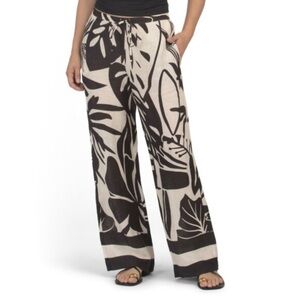 Magaschoni Linen Tropical Palm Print Wide-Leg Pants (Size M) — New Without Tags